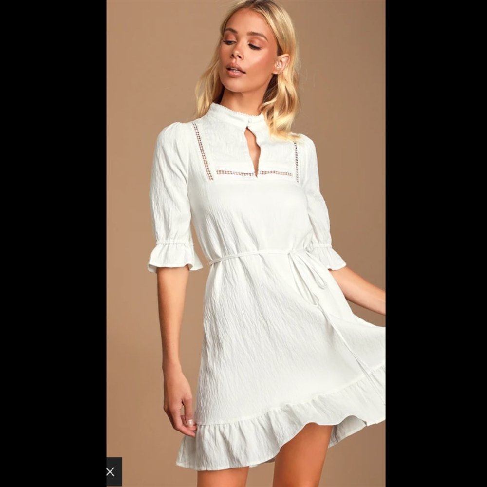 "Dearest Love White Mock Neck Ruffled Mini Dress" | White Mini Dress